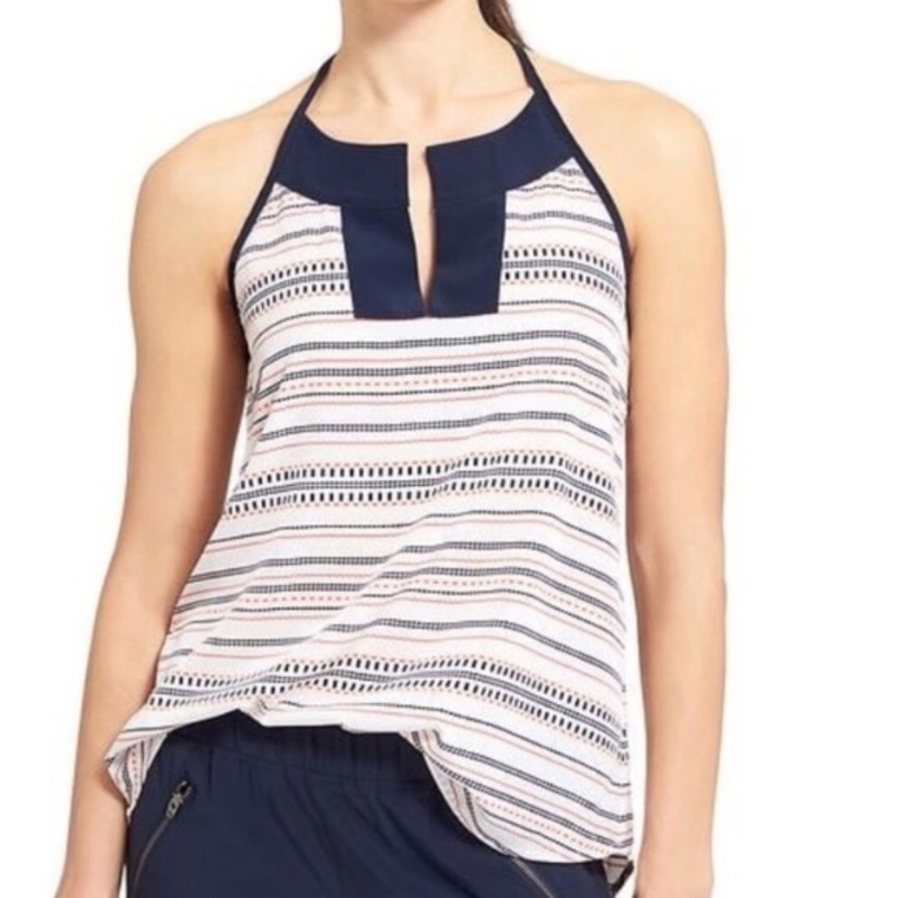 Athleta Navy and White Striped Halter Tank with Center Keyhole